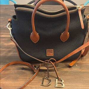 Dooney & Bourke Black and Tan Satchel with Gold Hardware